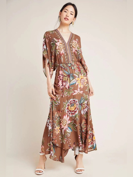 Dresses & Skirts - Farm Rio x Anthropologie Valentina Ruched Floral Midi Dress Brown Size PM Petite